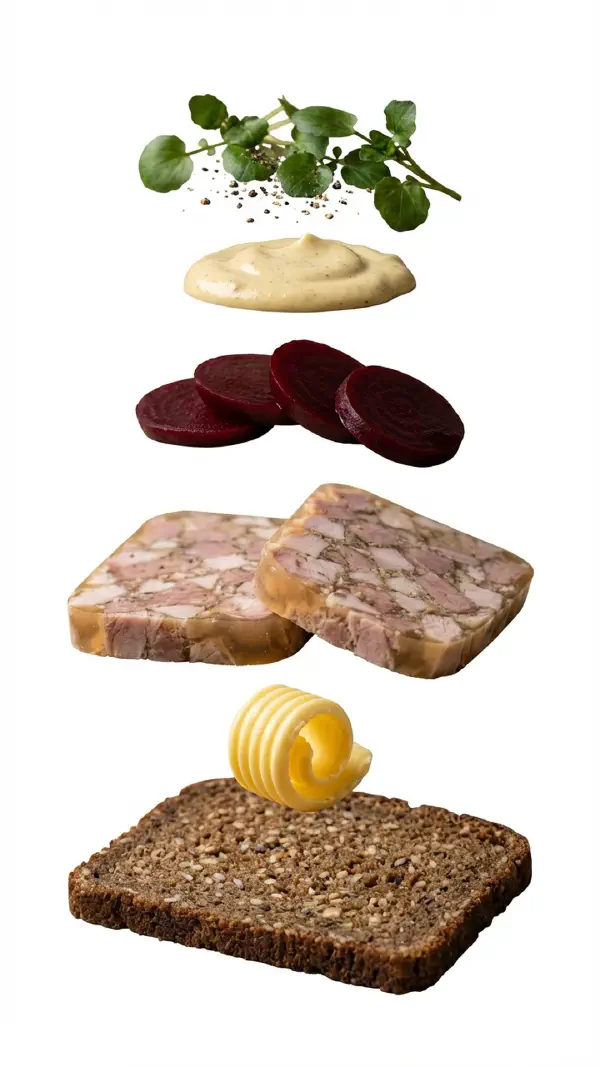 Opbygning af sylte med sennepscreme og syltede rødbeder © kvalimad.dk