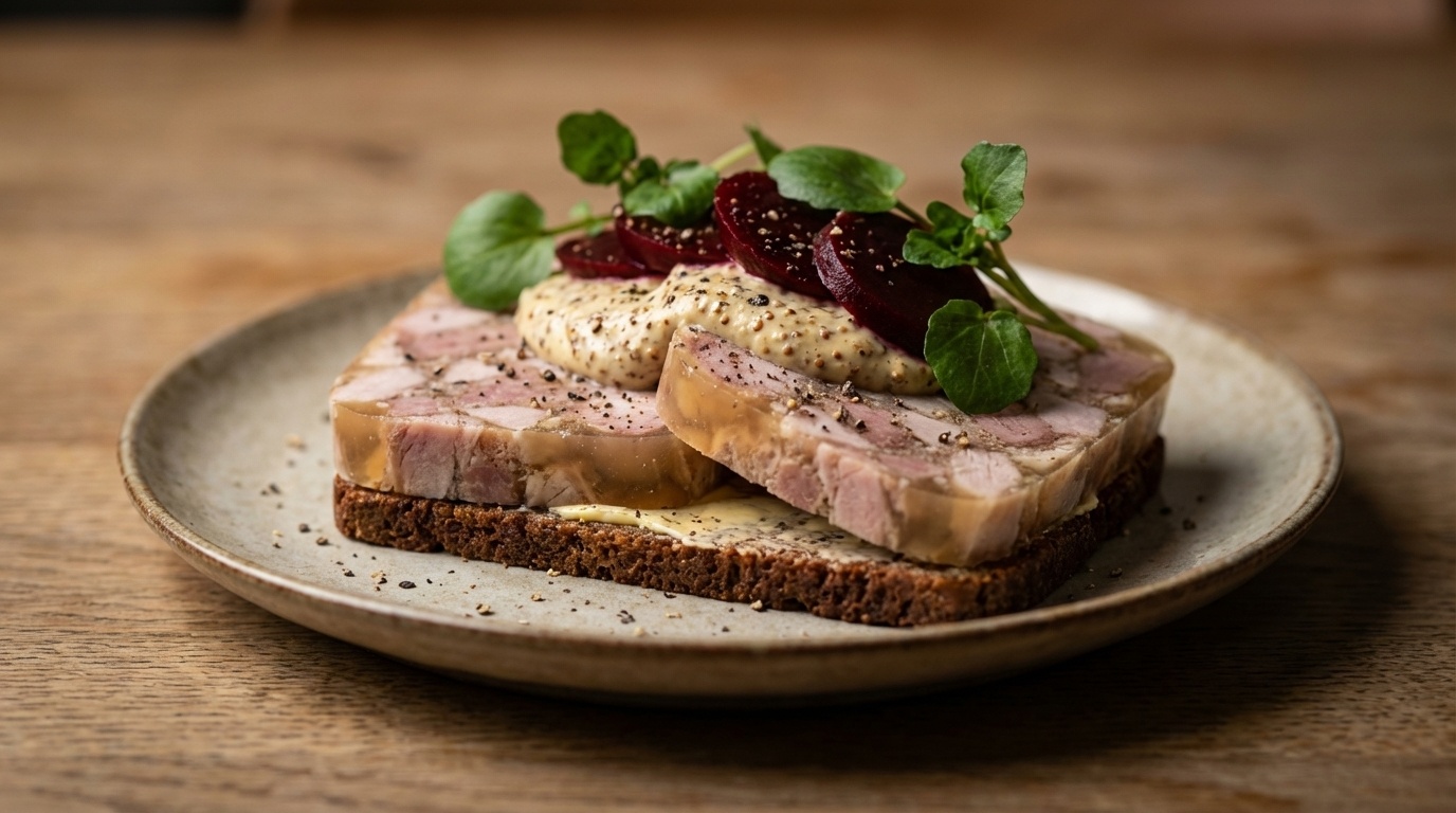 Smørrebrød med sylte, sennepscreme og syltede rødbeder