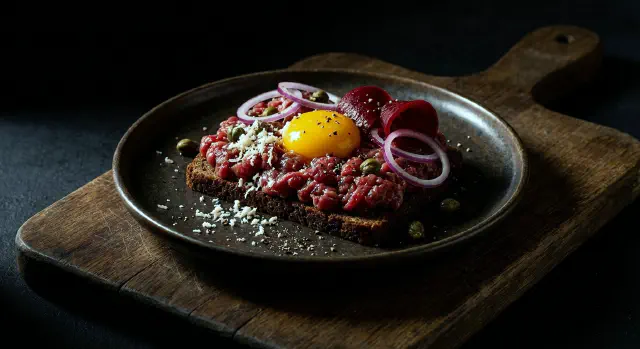 Smørrebrød med tartarmad, rå æggeblomme og syltede rødbeder