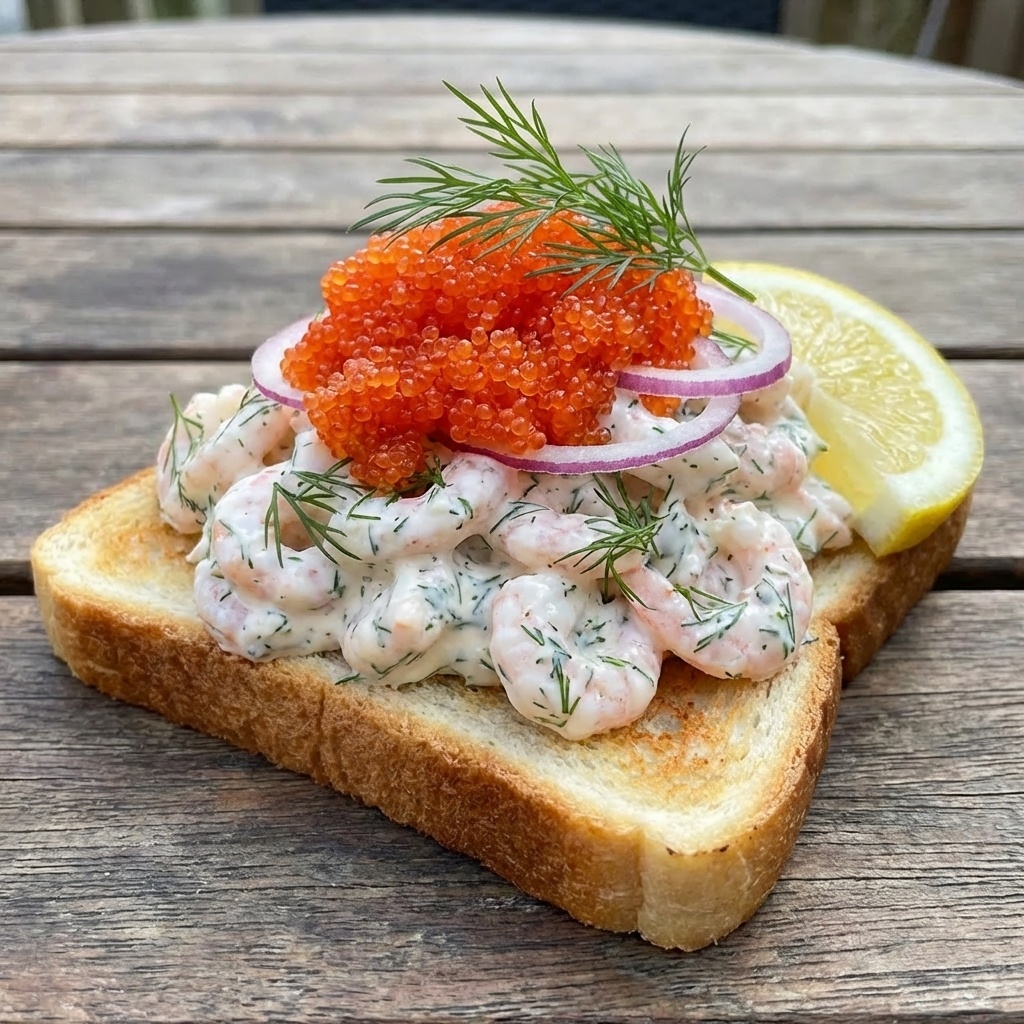 Toast skagen med rejer og stenbiderrogn