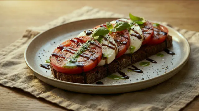 Smørrebrød med tomatmad, mozzarella og basilikum