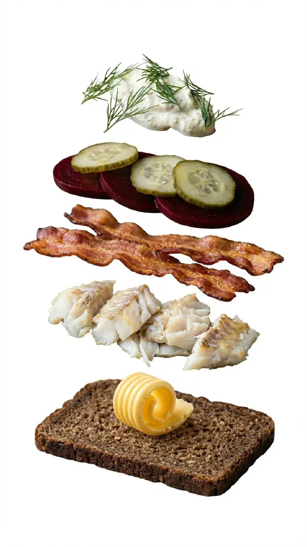 Opbygning af torsk med bacon og rødbede © kvalimad.dk