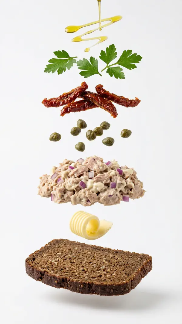 Opbygning af tunfiskesalat med kapers og olivenolie © kvalimad.dk