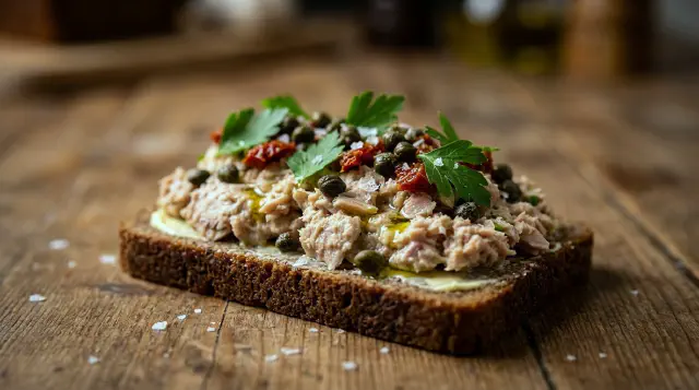 Smørrebrød med tunfiskesalat, kapers og olivenolie