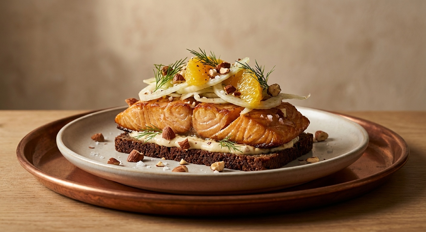 Smørrebrød med varmrøget laks, mandelmayo og fennikel