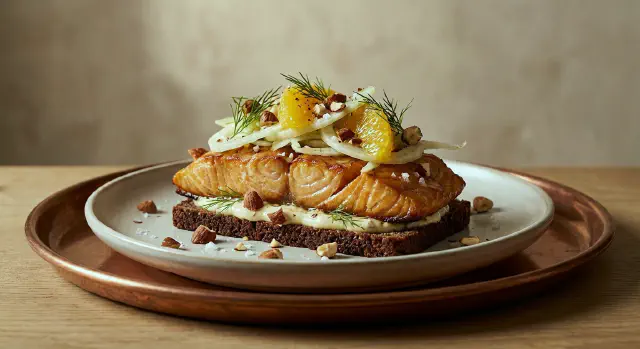 Smørrebrød med varmrøget laks, mandelmayo og fennikel
