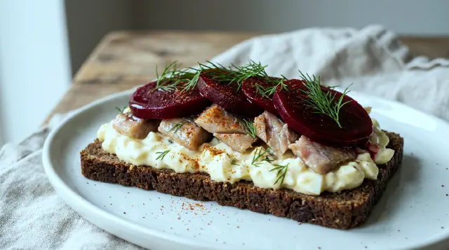 Varmrøget sild med æggemayonnaise og rødbede