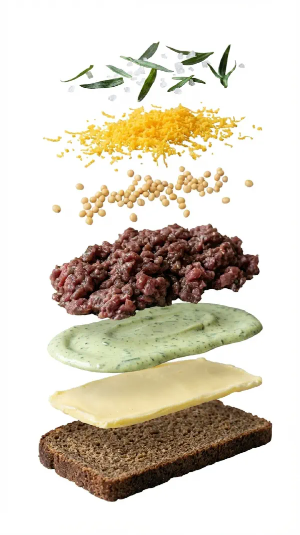 Opbygning af vildttatar med kapers og estragonemulsion © kvalimad.dk