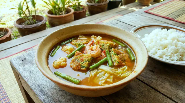 Sur karry med thai-omelet (Gaeng Som)