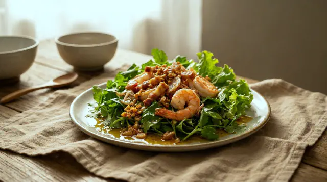Svinekød- og rejsesauce til salater (Sốt thịt heo và tôm để trộn salad)