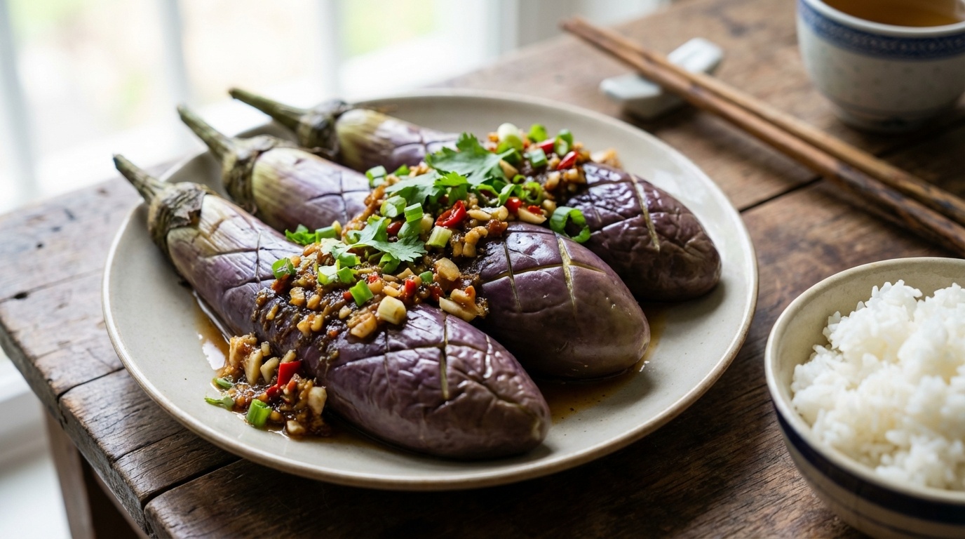 Vietnamesisk Dampet Aubergine med Ingefærsauce (Cà Tím Hấp Gừng)