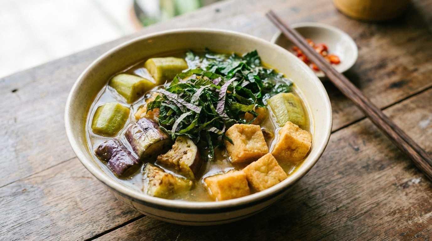 Vietnamesisk Grøn Banan, Tofu og Auberginesuppe (Canh Chuối Đậu Cà Bung)