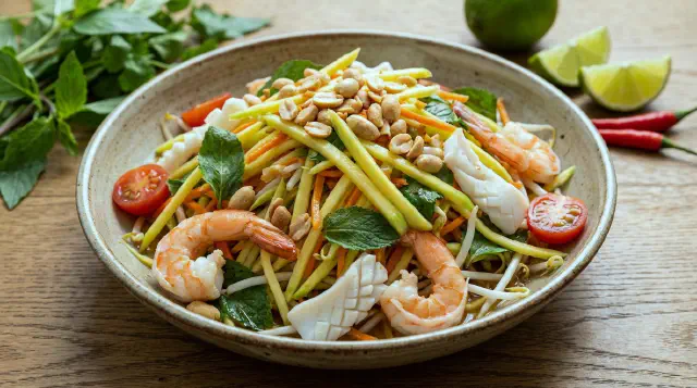 Vietnamesisk Grøn Mangosalat med Rejer og Blæksprutte
