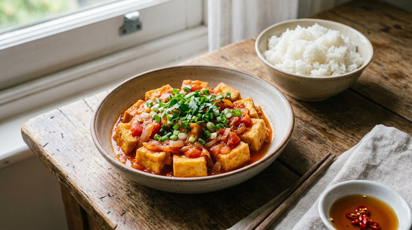 Vietnamesisk Stegt Tofu med Tomatsauce (Đậu Sốt Cà Chua)